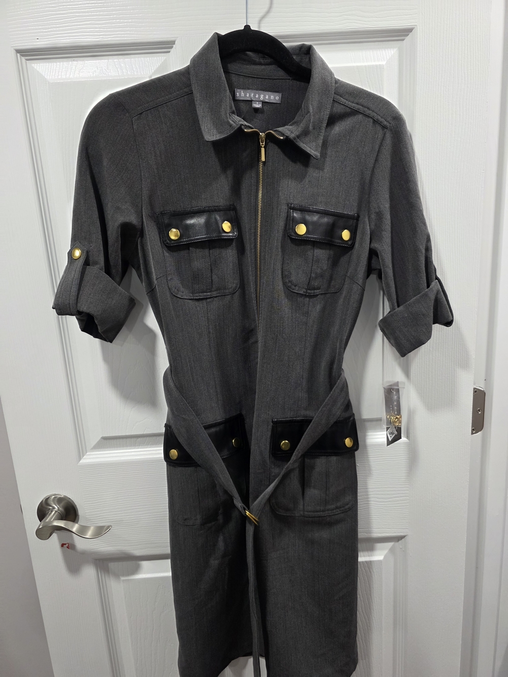 Sharagano Dark Gray Zip-Front Utility Dress with Gold Accents